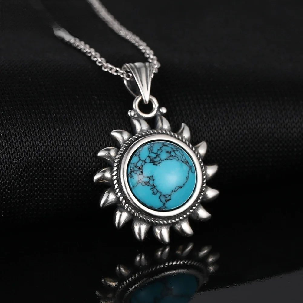 Natural Turquoise 925 Silver Pendant Necklace - Sun & Geometric Vintage Style - HalleBeauty